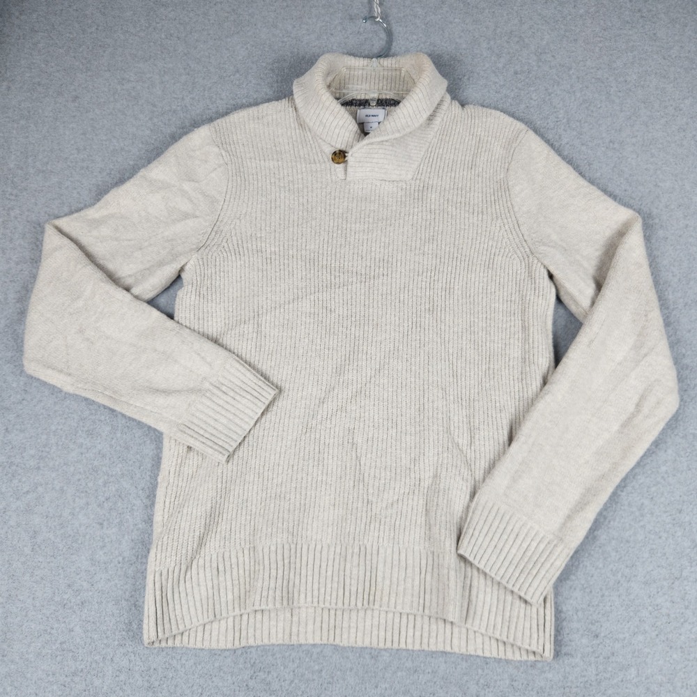 Old Navy Sweater Mens M Beige Ribbed Knit Classic Fit Cozy Shawl Collar Casual